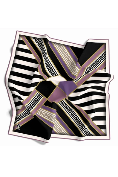 Twill Çizgili Geometrik Desenli Lila Renkli 90x90 Eşarp (İpek İçermez) Kenar Dikiş Şekli El Dikişli ürün görseli