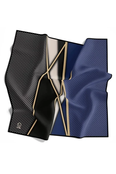 Rayon Gold Detaylı Geometrik Desenli İndigo Renkli 90x90 Eşarp (İpek İçermez) Kenar Dikiş Şekli El Dikişli - Resim 2