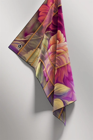 Twill Gül Desenli Fuşya - Somon Renkli 90x90 Eşarp (İpek İçermez) Kenar Dikiş Şekli El Dikişli - Resim 4