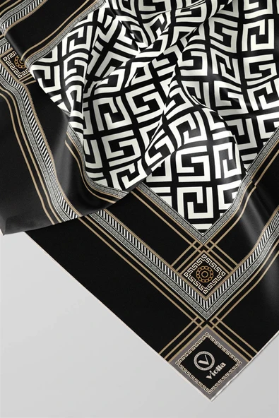 Twill Antik Desenli Siyah Renkli 90x90 Eşarp (İpek İçermez) Kenar Dikiş Şekli El Dikişli - Resim 2