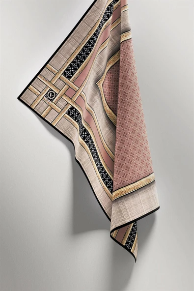 Twill Gold Bordürlü Geometrik Desenli Pudra Renkli 90x90 Eşarp (İpek İçermez) Kenar Dikiş Şekli El Dikişli - Resim 5