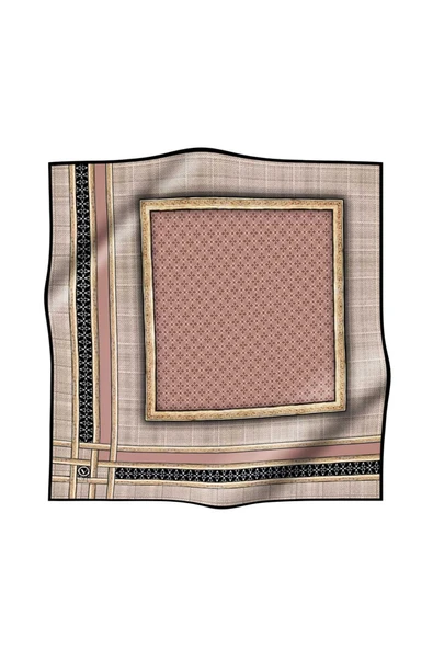 Twill Gold Bordürlü Geometrik Desenli Pudra Renkli 90x90 Eşarp (İpek İçermez) Kenar Dikiş Şekli El Dikişli - Resim 2