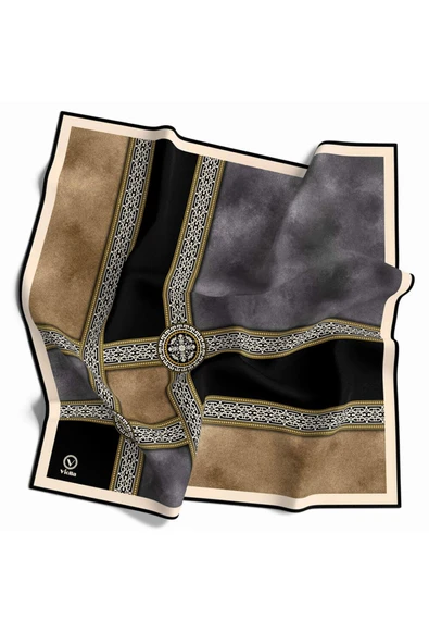 Twill Geometrik Desenli Gri Renkli 90x90 Eşarp (İpek İçermez) Kenar Dikiş Şekli El Dikişli ürün görseli