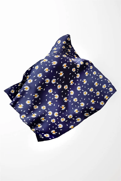 Twill Papatya Desenli Lacivert Renkli 90x90 Eşarp (İpek İçermez) Kenar Dikiş Şekli El Dikişli - Resim 3