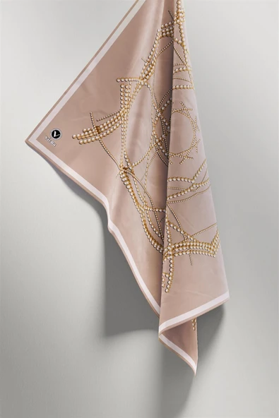 Twill Boncuk Desenli Bej Renkli 90x90 Eşarp (İpek İçermez) Kenar Dikiş Şekli El Dikişli - Resim 5