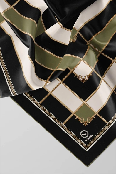 Twill Gold Detaylı Kareli Desenli Haki Renkli 90x90 Eşarp (İpek İçermez) Kenar Dikiş Şekli El Dikişli - Resim 2