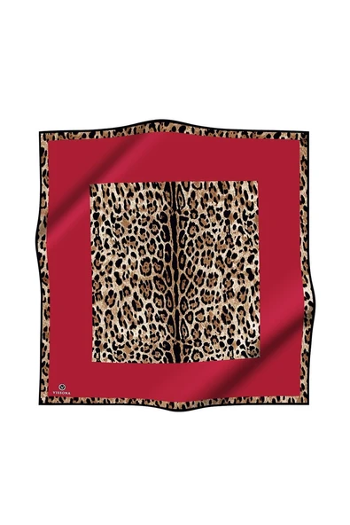 %100 Twill İpek Leopar Desenli Kırmızı Renkli 90x90 Eşarp Dikim Şekli : El Dikişi - Resim 2