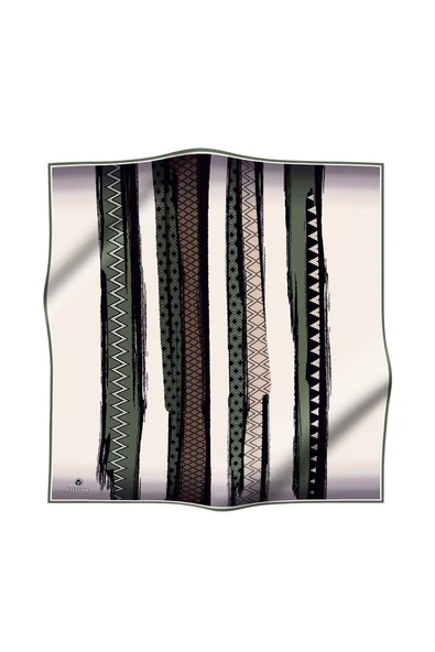 %100 Twill İpek Motifli Ve Şerit Desenli Sütlü Kahve - Çağla Renkli 90x90 Eşarp Dikim Şekli : El Dikişi - Resim 2