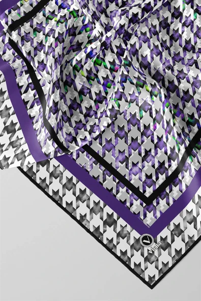 Twill Kazayağı Desenli Mor Renkli 90x90 Eşarp (İpek İçermez) Kenar Dikiş Şekli El Dikişli - Resim 2