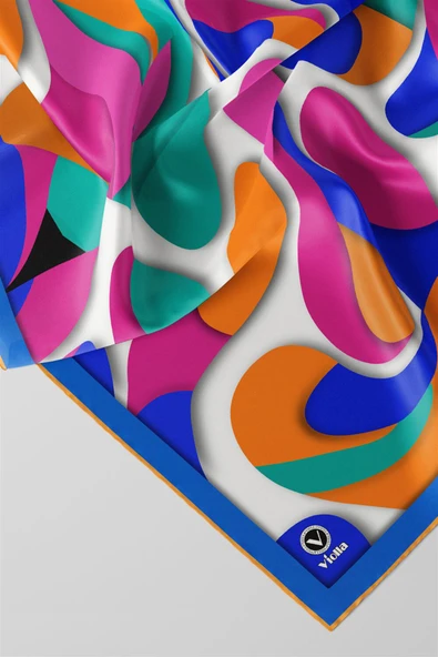 Twill Soyut Geometrik Desenli Saks - Turuncu Renkli 90x90 Eşarp (İpek İçermez) Dikim Şekli : El Dikişi - Resim 2