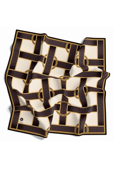 Twill Kemer Desenli Bej Renkli 90x90 Eşarp (İpek İçermez) Dikim Şekli : El Dikişi - Resim 2