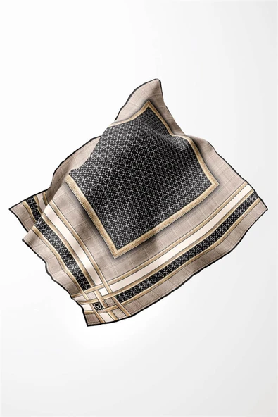 Twill Gold Bordürlü Geometrik Desenli Bej Renkli 90x90 Eşarp (İpek İçermez) Kenar Dikiş Şekli El Dikişli - Resim 4