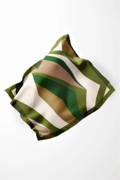 Twill Geometrik Desenli Haki Renkli 90x90 Eşarp (İpek İçermez) Dikim Şekli : El Dikişi - Resim 3