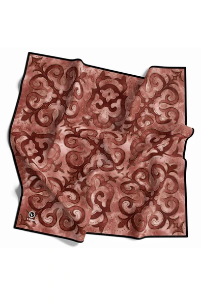 Twill Barok Desenli Bordo Renkli 90x90 Eşarp (İpek İçermez) Kenar Dikiş Şekli El Dikişli - Resim 3