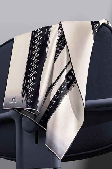 %100 Twill İpek Motifli Ve Şerit Desenli Krem- Siyah Renkli 90x90 Eşarp Dikim Şekli : El Dikişi - Resim 6