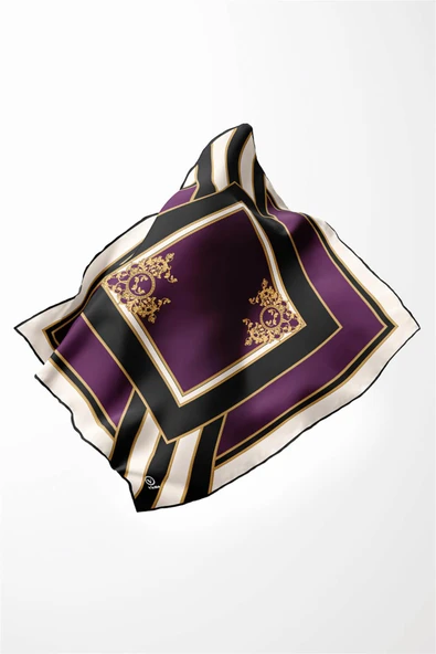 Twill Barok Desenli Mürdüm - Siyah Renkli 90x90 Eşarp (İpek İçermez) Dikim Şekli : El Dikişi - Resim 2