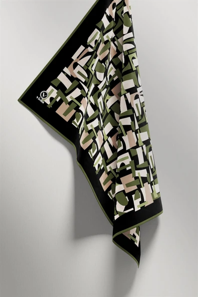 Twill Geometrik Desenli Haki Yeşili - Bej Renkli 90x90 Eşarp (İpek İçermez) Dikim Şekli : El Dikişi - Resim 4