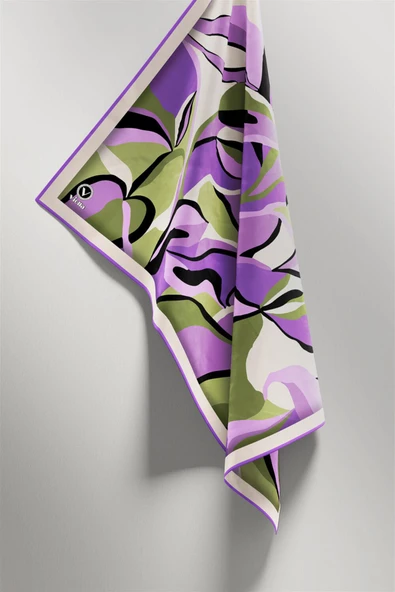 Twilll Büyük Yaprak Desenli Mor - Haki Renkli 90x90 Eşarp (İpek İçermez) Kenar Dikiş Şekli El Dikişli - Resim 4