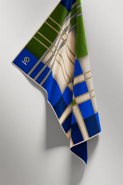 Twill Geometrik Desenli Zümrüt Yeşili - Saks Renkli 90x90 Eşarp (İpek İçermez) Kenar Dikiş Şekli El Dikişli - Resim 5