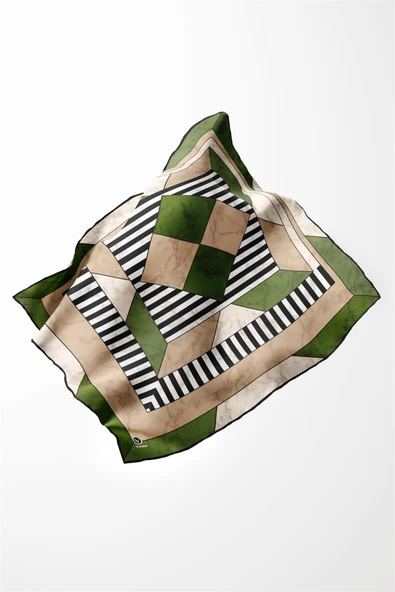 Twill Çizgili Geometrik Mermer Desenli Zümrüt Yeşili Renkli 90x90 Eşarp (İpek İçermez) Kenar Dikiş Şekli El Dikişli - Resim 3