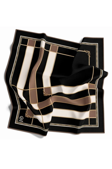 Twill Gold Detaylı Kareli Desenli Vizon Renkli 90x90 Eşarp (İpek İçermez) Kenar Dikiş Şekli El Dikişli - Resim 5