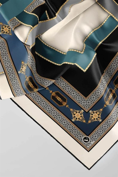 Twill Gold Detaylı ve Antik Motif Desenli İndigo Renkli 90x90 Eşarp (İpek İçermez) Kenar Dikiş Şekli El Dikişli - Resim 3