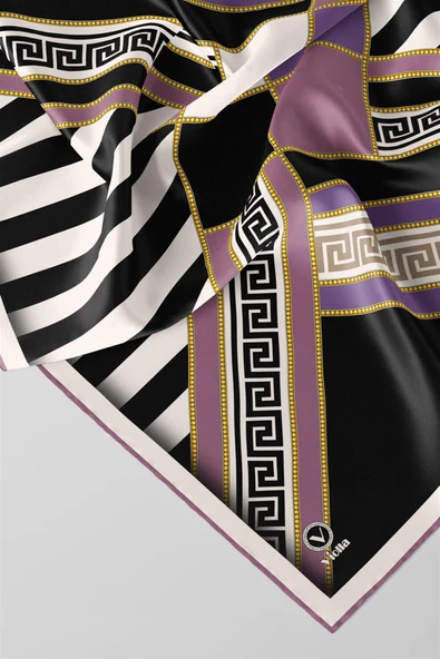 Twill Çizgili Geometrik Desenli Lila Renkli 90x90 Eşarp (İpek İçermez) Kenar Dikiş Şekli El Dikişli - Resim 2