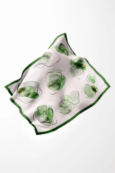 Twill Sulu Boya Geometrik Desenli Zümrüt Yeşili Renkli 90x90 Eşarp (İpek İçermez) Kenar Dikiş Şekli El Dikişli - Resim 3