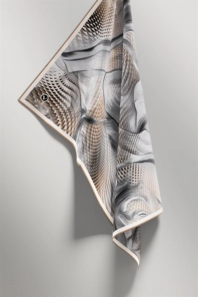 Twill Geometrik Ve Dalga Desenli Bej Renkli 90x90 Eşarp (İpek İçermez) Dikim Şekli : El Dikişi - Resim 5