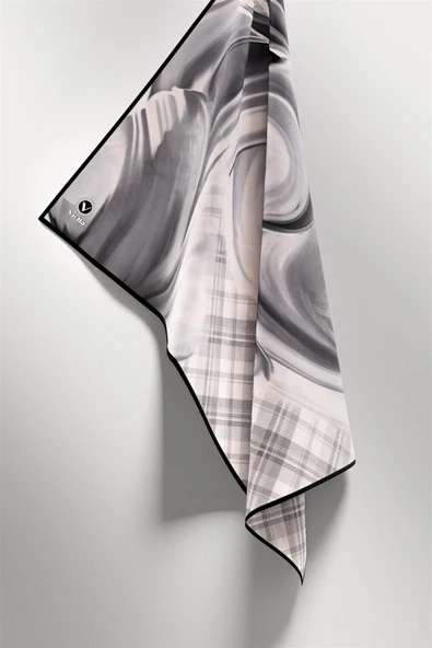 Twill Dalga ve Ekose Desenli Gri Renkli 90x90 Eşarp (İpek İçermez)Kenar Dikiş Şekli El Dikişli - Resim 4