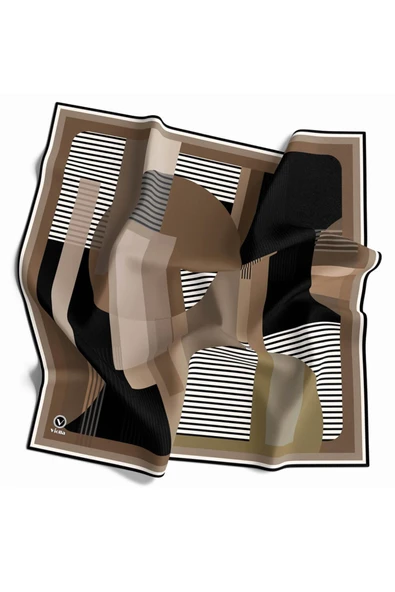 Twill Çizgili Ve Geometrik Desenli Bej Renkli 90x90 Eşarp (İpek İçermez) Kenar Dikiş Şekli El Dikişli ürün görseli