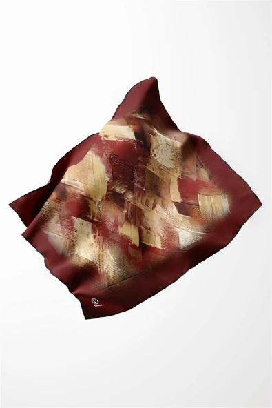 Twill Fırça Efektli Desenli Bordo Renkli 90x90 Eşarp (İpek İçermez) Kenar Dikiş Şekli El Dikişli - Resim 3