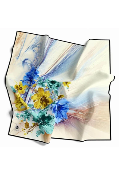 Twill Çiçek Desenli Siyah Renkli 90x90 Eşarp (İpek İçermez) Kenar Dikiş Şekli El Dikişli ürün görseli