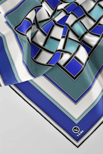 Twill Kare Desenli Saks - Su Yeşili  Renkli 90x90 Dikim Şekli : El Dikişi Eşarp (İpek İçermez) ürün görseli