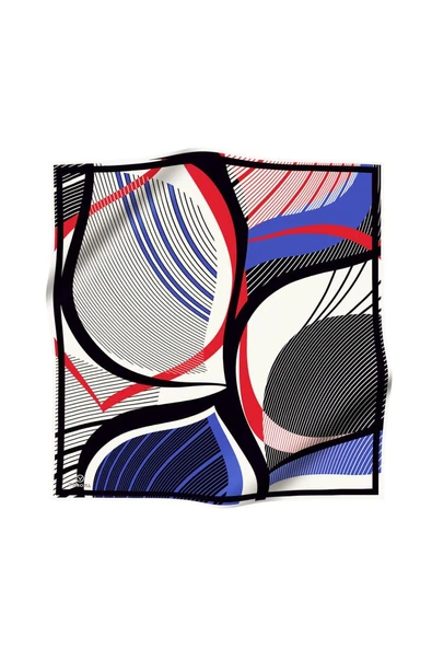 %100 Twill İpek Çizgili Geometrik Desenli Beyaz - Saks Renkli 90x90 Eşarp Dikim Şekli : El Dikişi - Resim 2