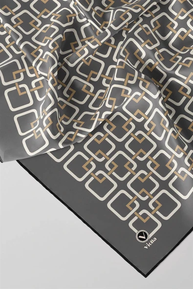 Twill Geometrik Desenli Gri Renkli 90x90 Eşarp (İpek İçermez) Kenar Dikiş Şekli El Dikişli - Resim 2
