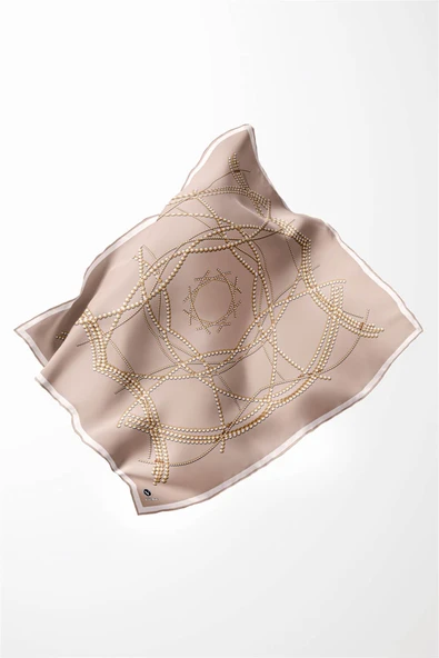 Twill Boncuk Desenli Bej Renkli 90x90 Eşarp (İpek İçermez) Kenar Dikiş Şekli El Dikişli - Resim 4