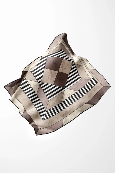 Twill Çizgili Geometrik Mermer Desenli Taş Renkli 90x90 Eşarp (İpek İçermez) Kenar Dikiş Şekli El Dikişli - Resim 3