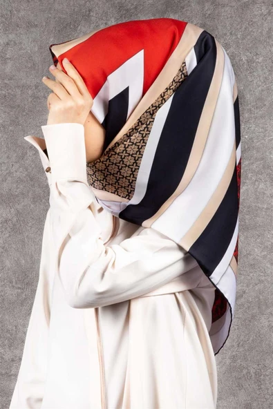 Twill Geometrik Barok Desenli Kırmızı - Siyah Renkli 90x90 Eşarp (İpek İçermez) Kenar Dikiş Şekli El Dikişli ürün görseli