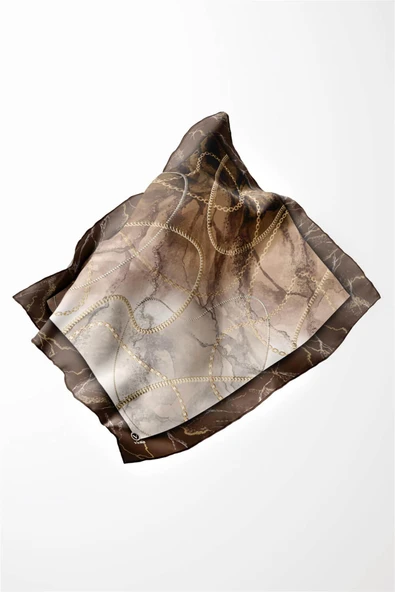 Twill Mermer ve Zincir Desenli Vizon Renkli 90x90 Eşarp (İpek İçermez) Kenar Dikiş Şekli El Dikişli - Resim 4