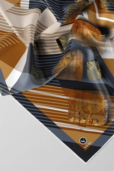 Twill Çizgili ve Geometrik Desenli Hardal Renkli 90x90 Eşarp (İpek İçermez) Kenar Dikiş Şekli El Dikişli - Resim 2