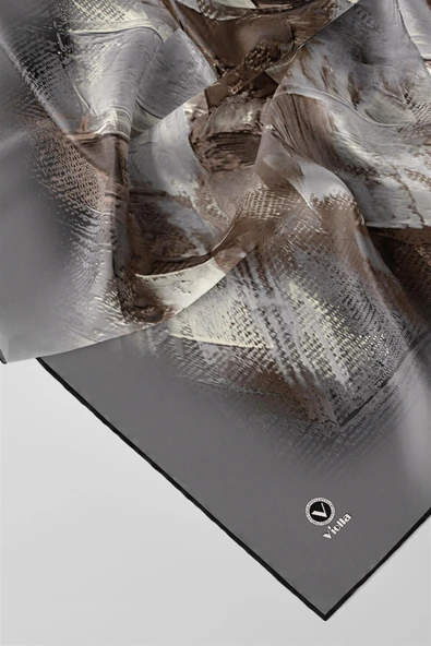 Twill Fırça Efektli Desenli Gri Renkli 90x90 Eşarp (İpek İçermez) Kenar Dikiş Şekli El Dikişli - Resim 2