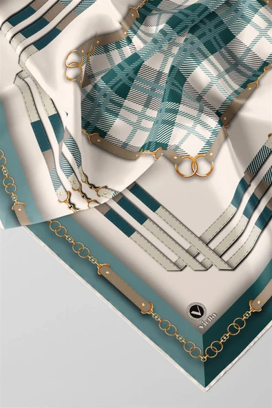 Twill Ekoseli Ve Zincir Desenli Mint Yeşili Renkli 90x90 Eşarp (İpek İçermez) Dikim Şekli : El Dikişi - Resim 3