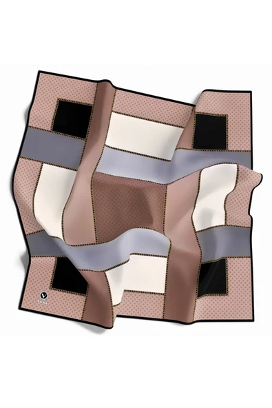 Twill Geometrik Desenli Gri - Bej Renkli 90x90 Eşarp (İpek İçermez) Kenar Dikiş Şekli El Dikişli - Resim 2