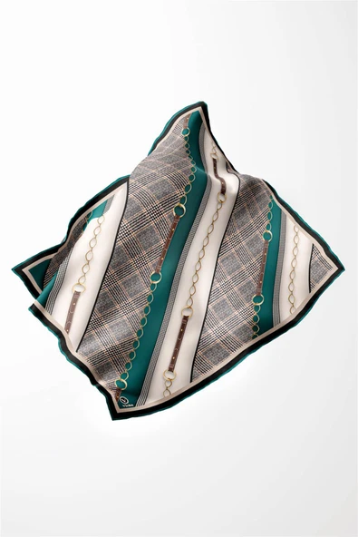 Twill Kemer Desenli Petrol Yeşili Renkli 90x90 Eşarp (İpek İçermez) Kenar Dikiş Şekli El Dikişli - Resim 3