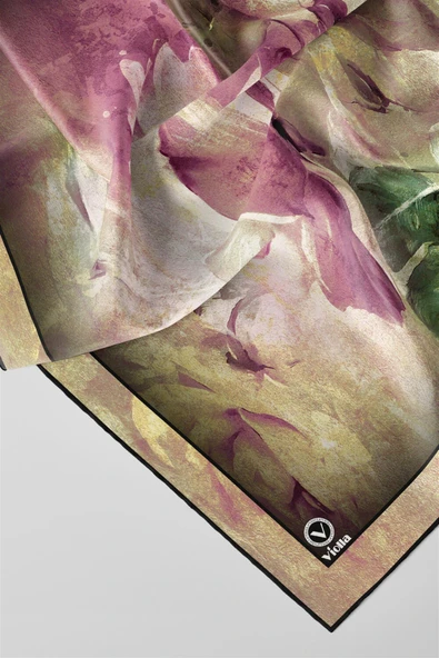 Twill Sulu Boyalı Çiçek Desenli Pembe Renkli 90x90 Eşarp (İpek İçermez) Kenar Dikiş Şekli El Dikişli - Resim 2