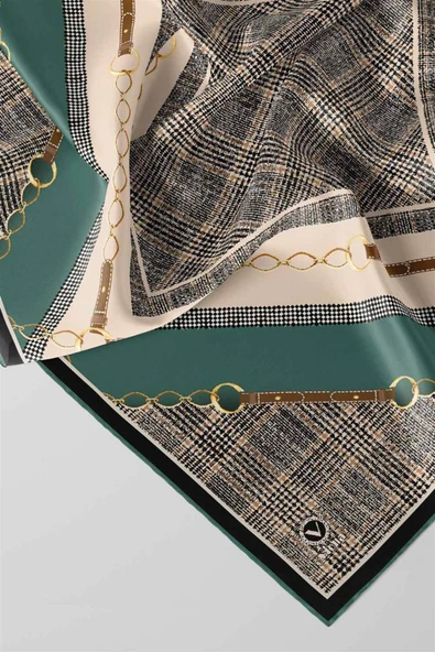 Twill Kemer ve Zincir Detaylı Ekose Desenli Petrol Yeşili Renkli 90x90 Eşarp (İpek İçermez) Kenar Dikiş Şekli El Dikişli - Resim 3