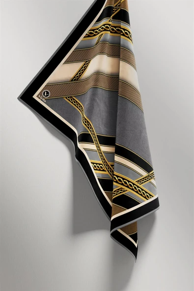 Twill Gold Çerçeveli Renkli Şerit Desenli Gri - Bej Renkli 90x90 Eşarp (İpek İçermez) Dikim Şekli : El Dikişi - Resim 2