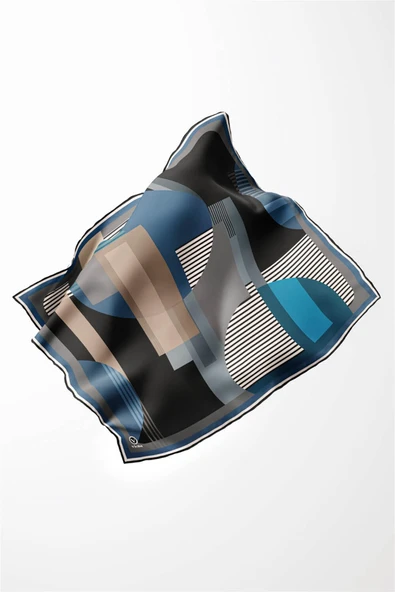 Twill Çizgili Ve Geometrik Desenli  Petrol Mavisi Renkli 90x90 Eşarp (İpek İçermez) Kenar Dikiş Şekli El Dikişli - Resim 3