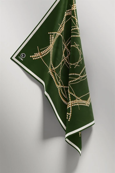 Twill Boncuk Desenli Zümrüt Yeşili Renkli 90x90 Eşarp (İpek İçermez) Kenar Dikiş Şekli El Dikişli - Resim 4